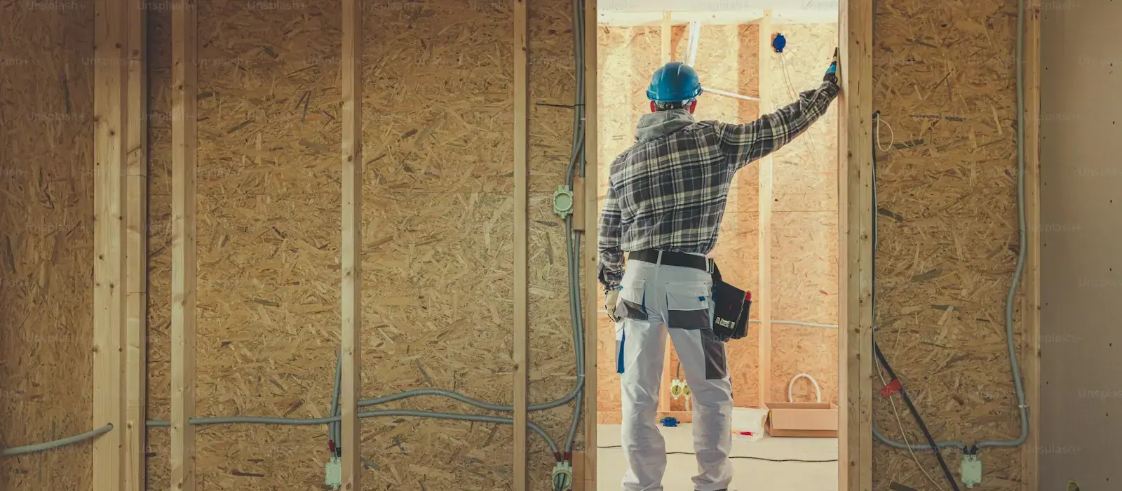 Wall framing construction with wooden studs and structural elements
